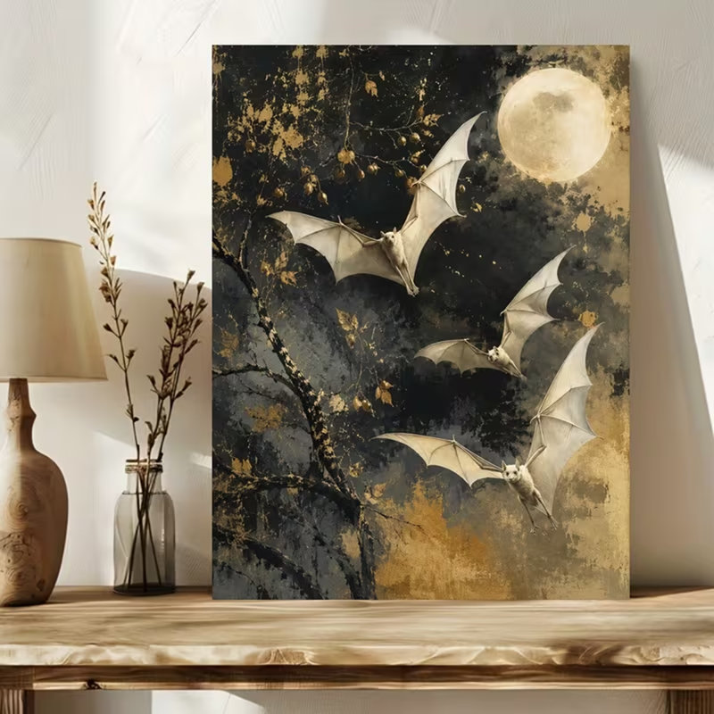 1pc Wooden Framed Canvas | Posters And Prints | Gothic Bat Art Fantasy Halloween Decor Moonlight Night Flight White Bats Autumn.