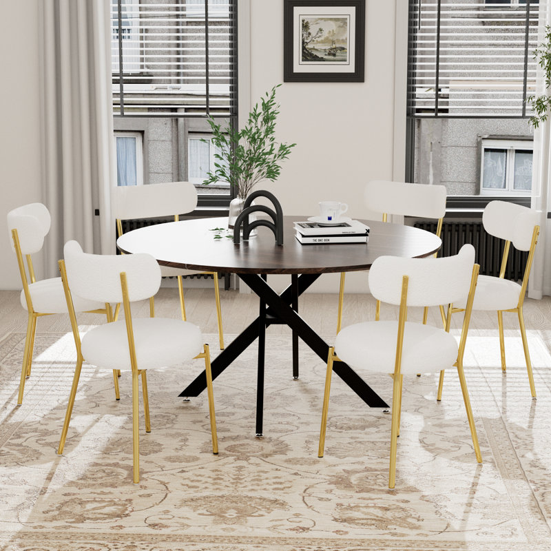 Ensemble de salle à manger à piédestal rond avec chaise Teddy, Brun, Blanc / Doré