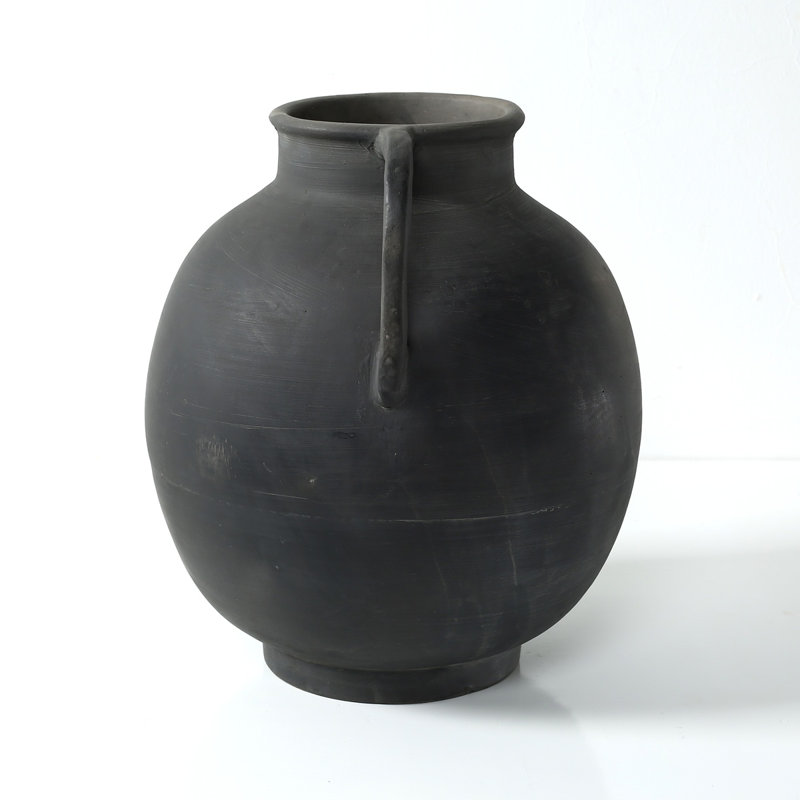 Approx.14" Pottery Vase with Two Decorative Handles Warm Soil Tone (6.3" Opening), 14" H x 13" W x 13" D, Black
