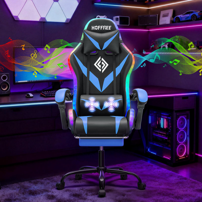 HOFFREE Gaming Chair Massage With Bluetooth Speakers And Led Lights Ergonomic Computer Gaming Chair With Footrest RGB Video Game Chair With High Back Lumbar Support