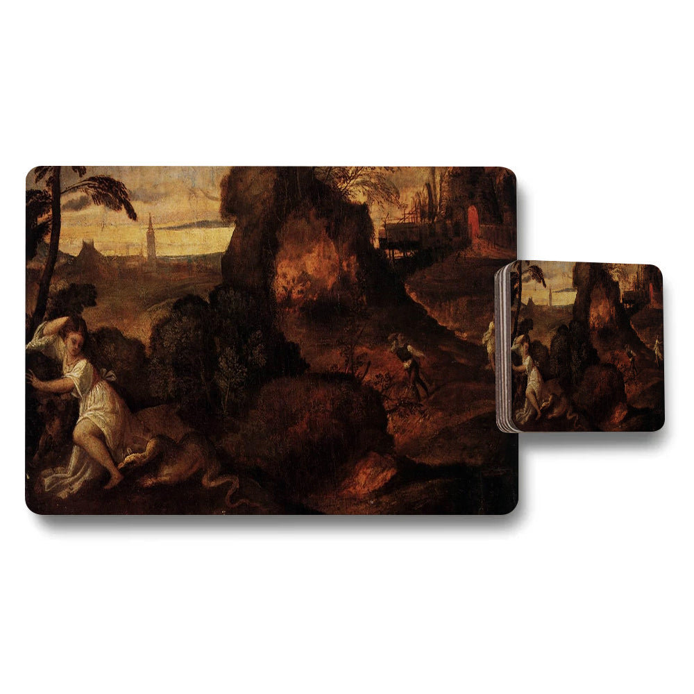 Placemat Coaster Set With Classical Landscape Painting