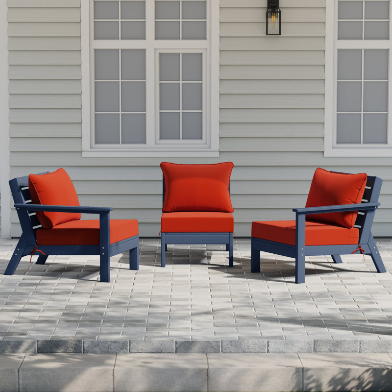 3-Piece Deep Seating Set With Cushions, Navy Blue, Orange
