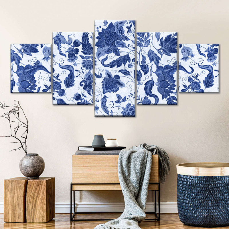 " Ornate Blue Flowers Multi Piece Canvas Print " 5 - Pieces, 36" H x 80" W