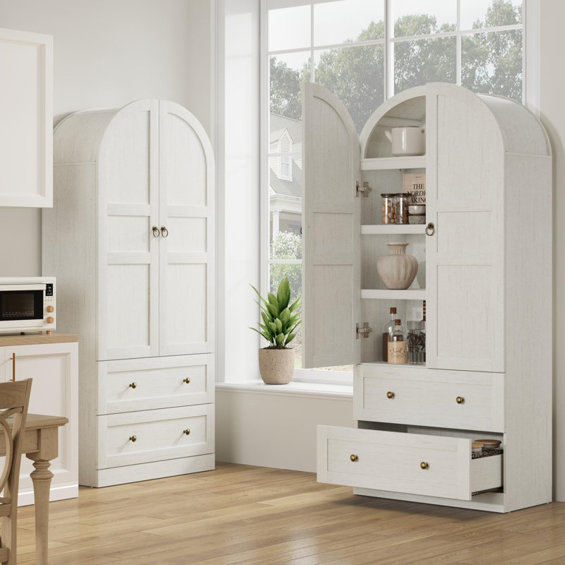 71" Tall Arched Bookcase Cabinet, Wood Arched Bookshelf with Doors & Drawers, Large Arch Display Bookcase Cabinet with Storage, Farmhouse Storage Cabinet for Office Living Room, Retro White
