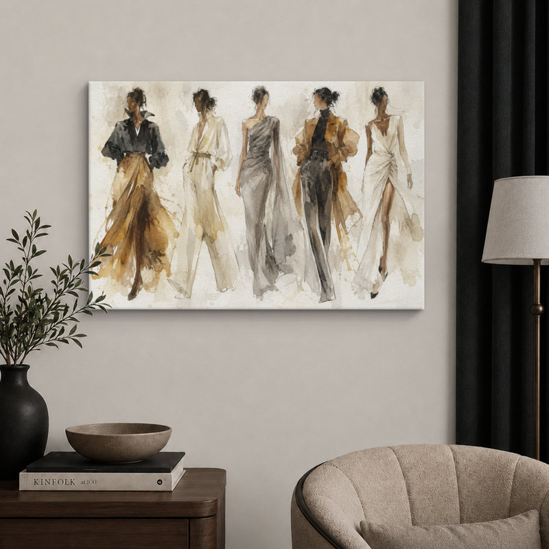 «Chic Neutral Runway Women», œuvre d'art moderne sur toile encadrée, impression sur toile, 32" H x 48" W x 1.5" D