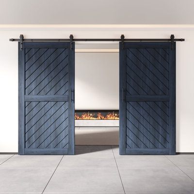 Homacer Navy Unassembled & Finished Slanted Stripe Design Two Barn Door with Non-Bypass Installation Hardware Kit, interior use only