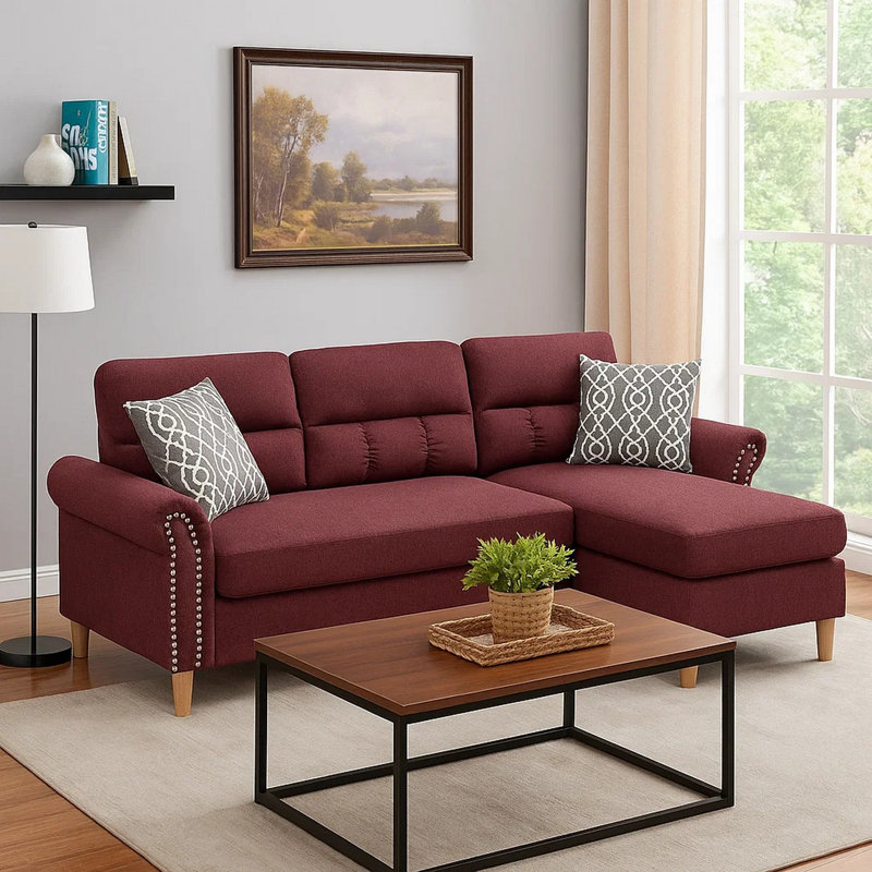 59'' Velvet Sofa & Chaise, Red