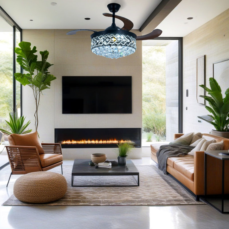 42’ - Black Heart Crystal Invisible Fan Light - Remote Dimmable - For Living Room, Kitchen Island, Bedroom, Etc.