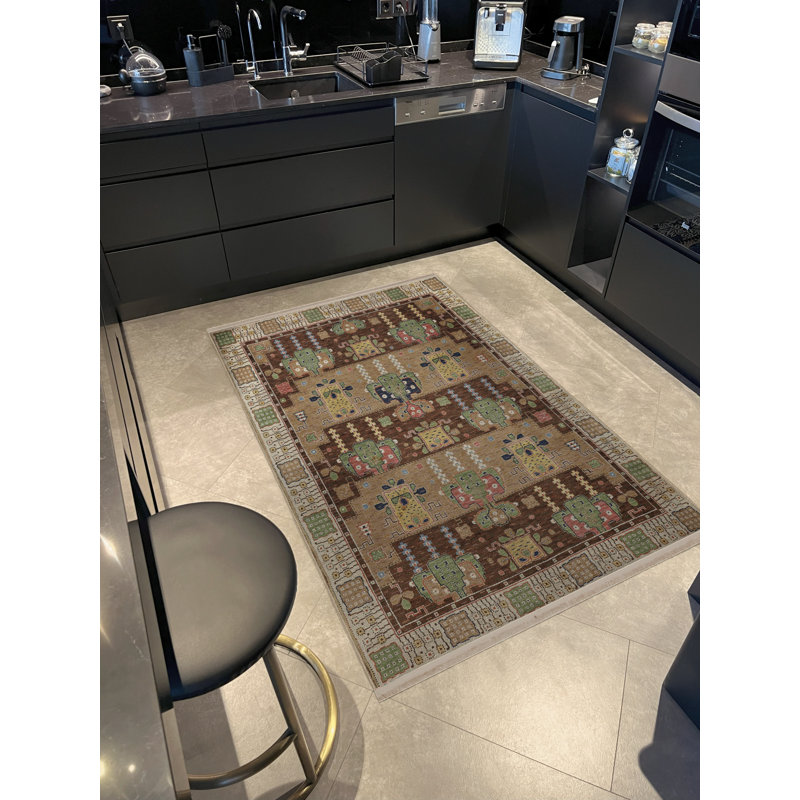 Tapis décoratif vert et beige, Rectangle 3 pi 9,81 po x 6 pi 6,74 po