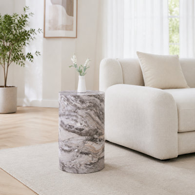 12" Grey Marble Textured Cylindrical Coffee Table, MDF Modern Side Table for Living Room
