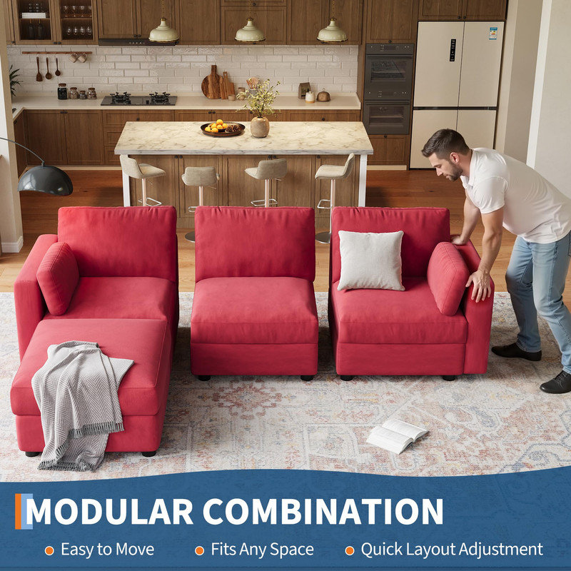 Canapé modulaire en L de 104 po avec repose-pieds, canapé convertible surdimensionné à 4 places, chenille profonde, Rouge
