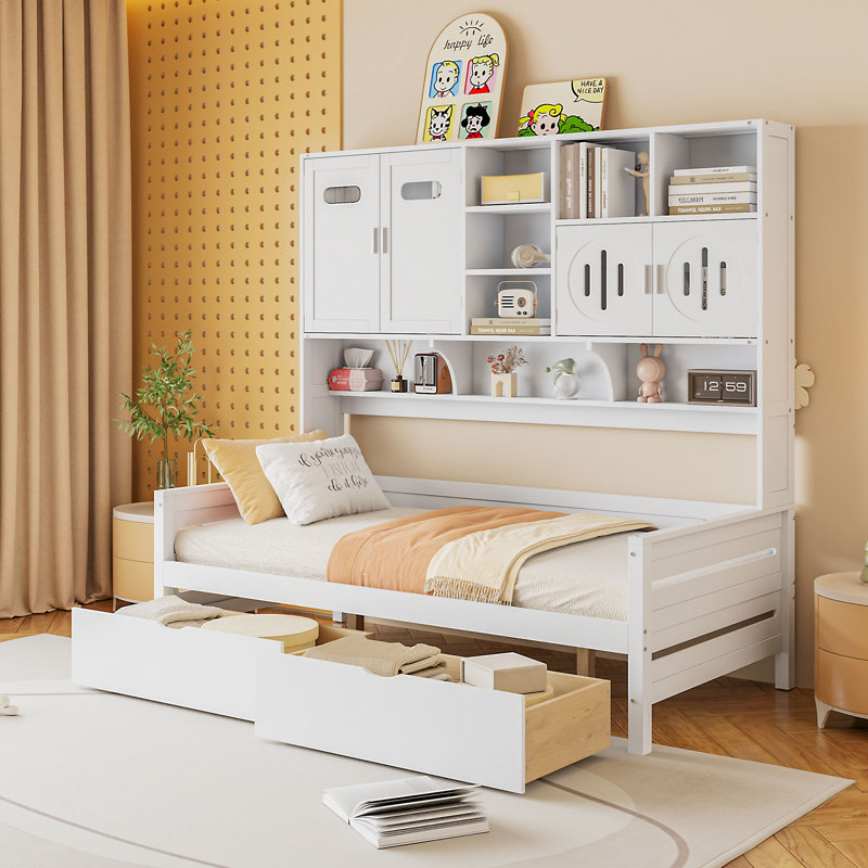 Wooden Daybed With 2 Drawers, And All-In-One Cabinet And Shelf, Twin, White
