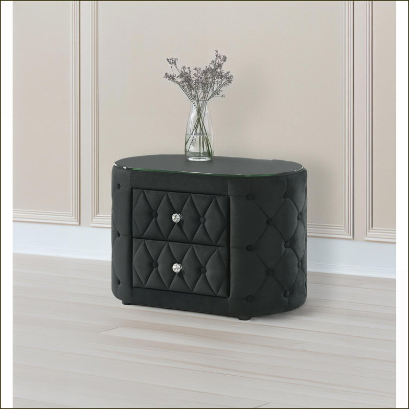 Table de chevet moderne noire avec tissu touffeté, plateau en verre trempé 2 tiroirs, Noir