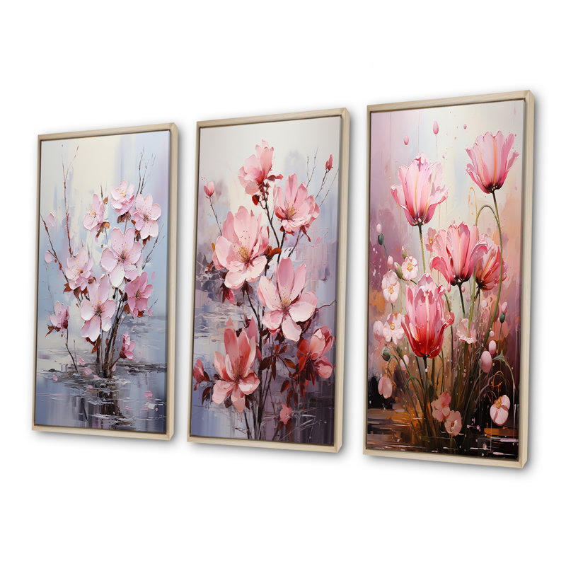 Ensemble de 4 reproductions d'art sur toile rose fuchsia, Cadre flottant brun, H 28 po x l 36 po
