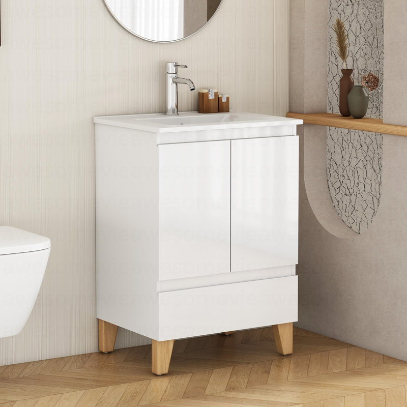 Ensemble de meuble-lavabo moderne 24 po avec lavabo, meuble-lavabo avec 2 portes et 1 tiroir, système anti-arrosage, conception sans poignée, lavabo à pieds en bois massif naturel, facile à assembler, blanc brillant