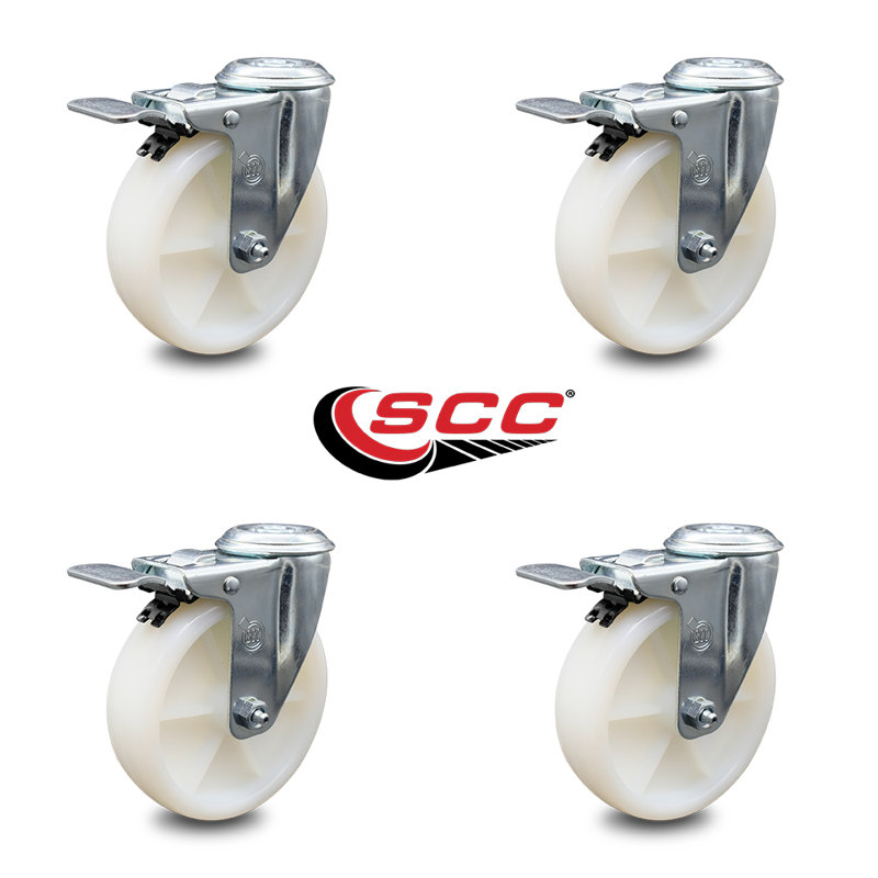 5 Inch Nylon Wheel Swivel Bolt Hole Caster Set with Total Lock Brake SCC