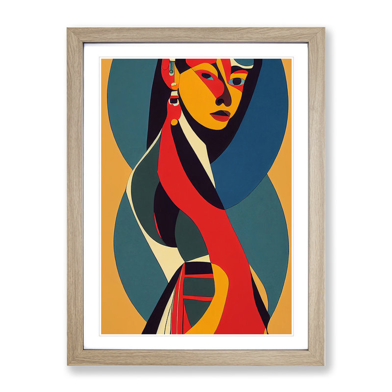 Bold Woman in Abstract - Wall Art, 66cm H x 48cm W x 2cm D, Oak Framed, White