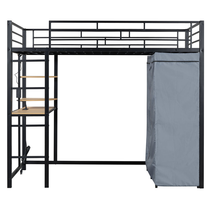 Lit mezzanine en métal avec bureau, tablettes, cadre de lit avec prise de courant et lumière DEL, Noir