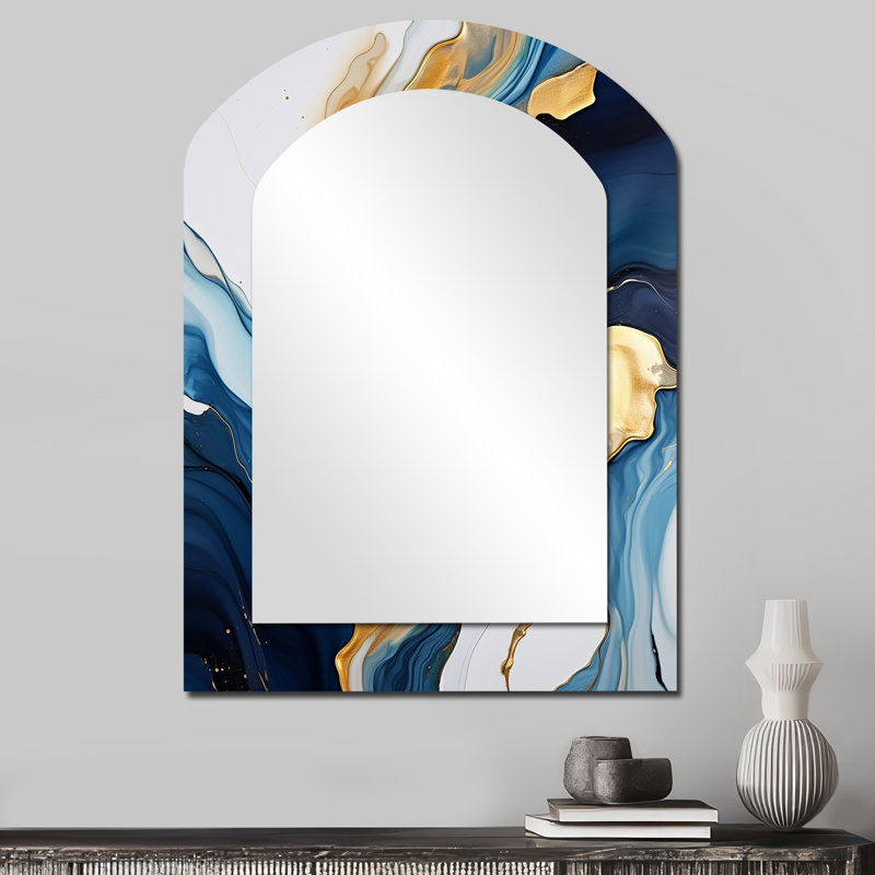 Distant River Liquid Art - River Asymmetrical Large Mirror, Blue Arch Decorative Wall Mirror, Printed Metal Art, 34'' x 25''