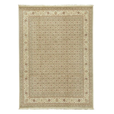 Hand Knotted Wool Oriental Area Rug in Light Green And Ivory