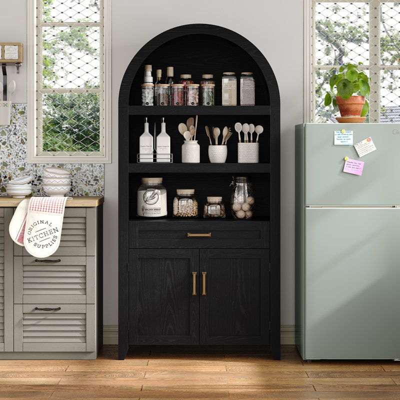 65" Tall Arched Storage Bookcase with Adjustable Shelves,Arched Cabinet with Drawer, Black