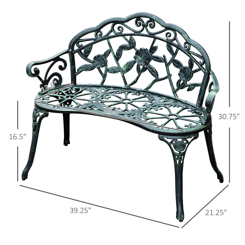 Antique Green Cast Aluminum Outdoor Bench with Floral Design