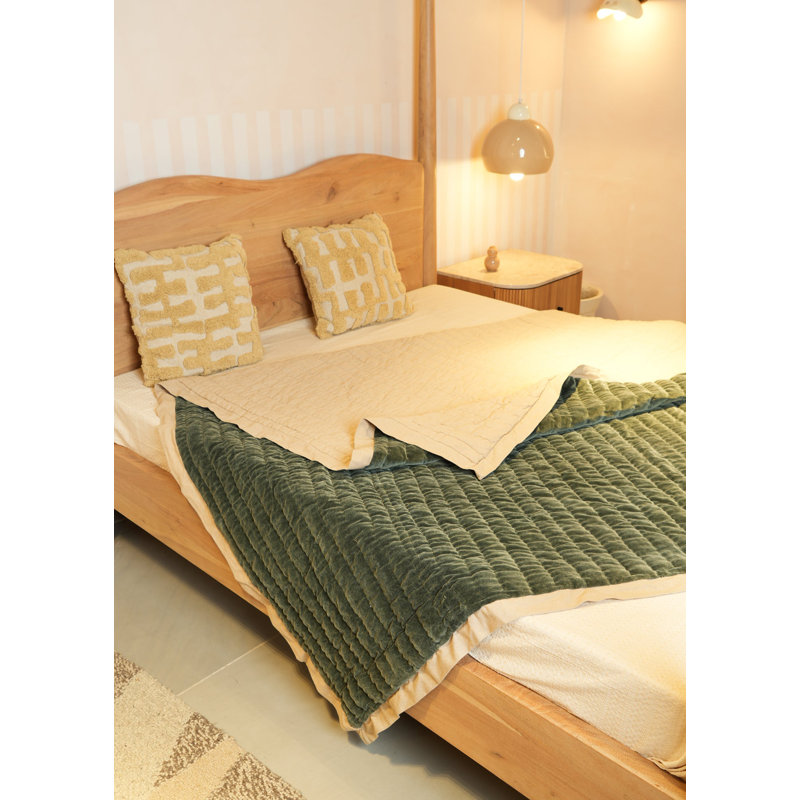 Bedspread | Velvet Comforter | Cotton Velvet Stonewashed Hand Quilted Bedspread | 88X92", Jade