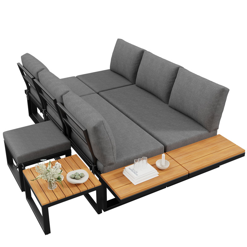 6-Piece Outdoor Lounge Set, L-Shaped Sofa With Coffee Table & Cushions, Grey
