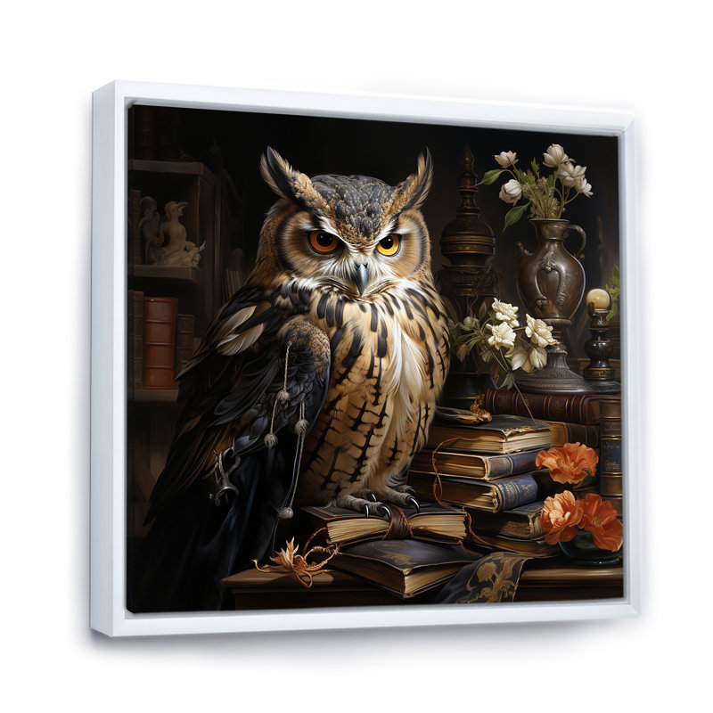 Art mural hibou brun de la Renaissance, Cadre flottant blanc, 16" H x 16" W