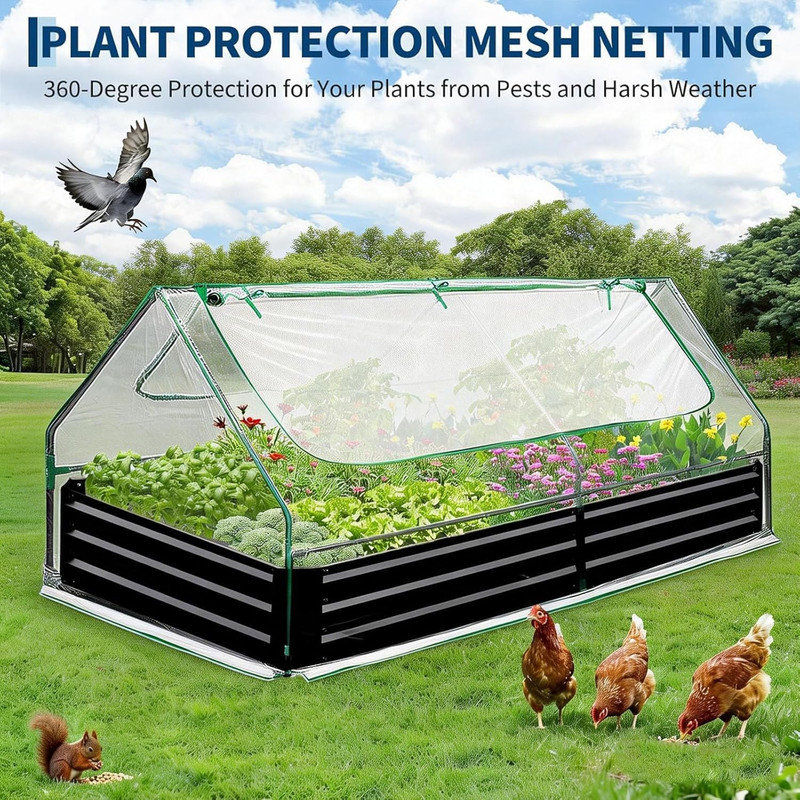 6-8 FT Raised Garden Bed with Greenhouse Cover, Galvanized Metal Planter Box with Screen Windows, 12" H x 96" W x 48" D