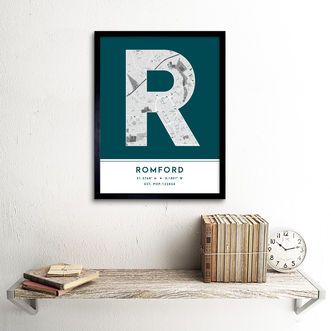 Romford City Map Romford Teal by Wee Blue Coo - Single Picture Frame Typography