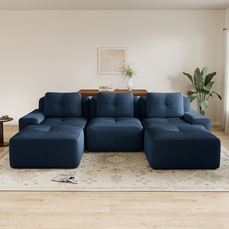 Boneless Modern U-Shaped Modular Sofa, Compression Corduroy Fabric & No Assembly, Blue