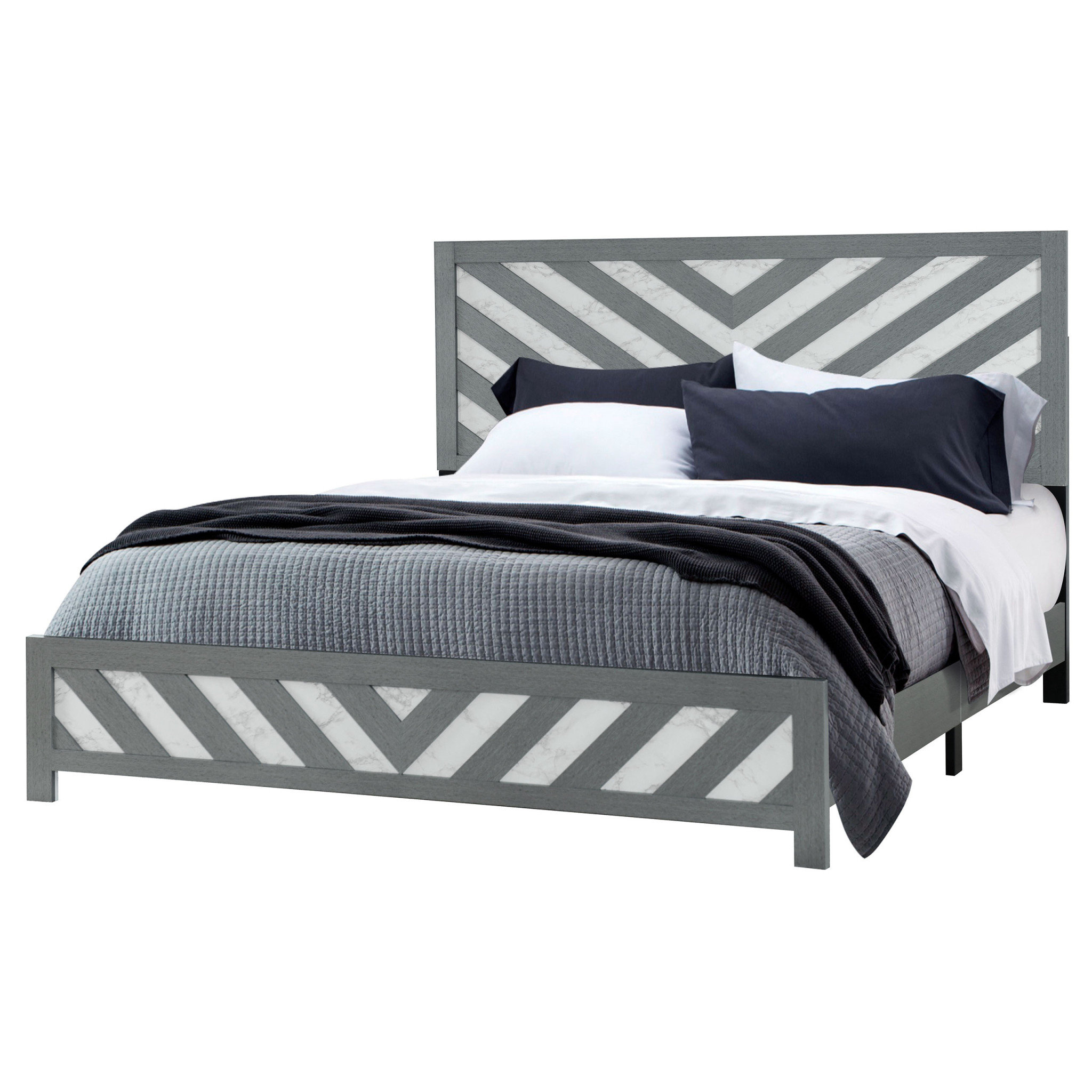 HomeRoots Gray And White Carved Geometric King Bed Frame | Wayfair