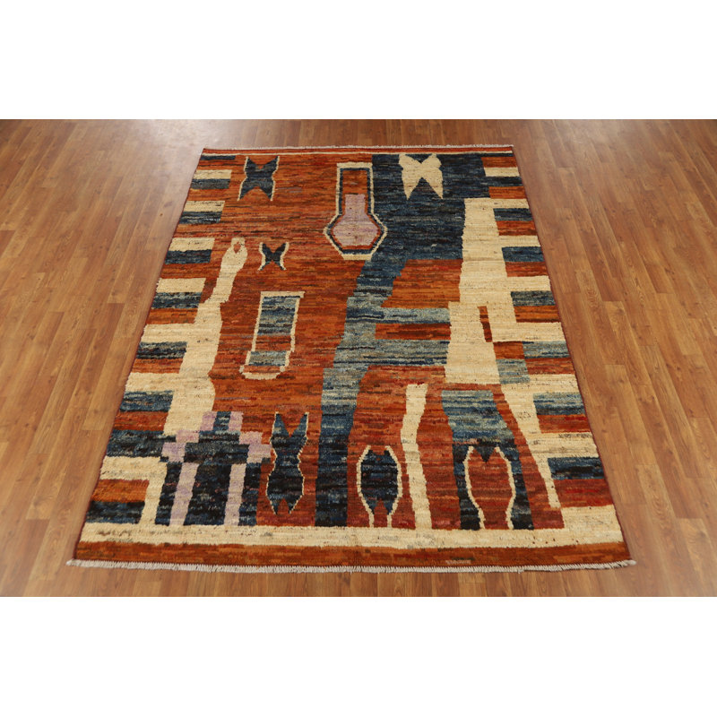 Tapis oriental orange fait à la main en laine orange 6 x 8