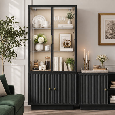 Nordic Curio Cabinet with Fluted Doors, Touch-Sensitive Adjustable LED Lighting, Glass Display Hutch & Hidden Storage Sideboard