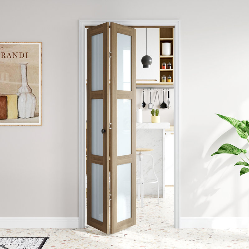 Porte pliante double en verre givré 36 po x 80 po à 3 portes en bois massif avec trousse de quincaillerie d'installation