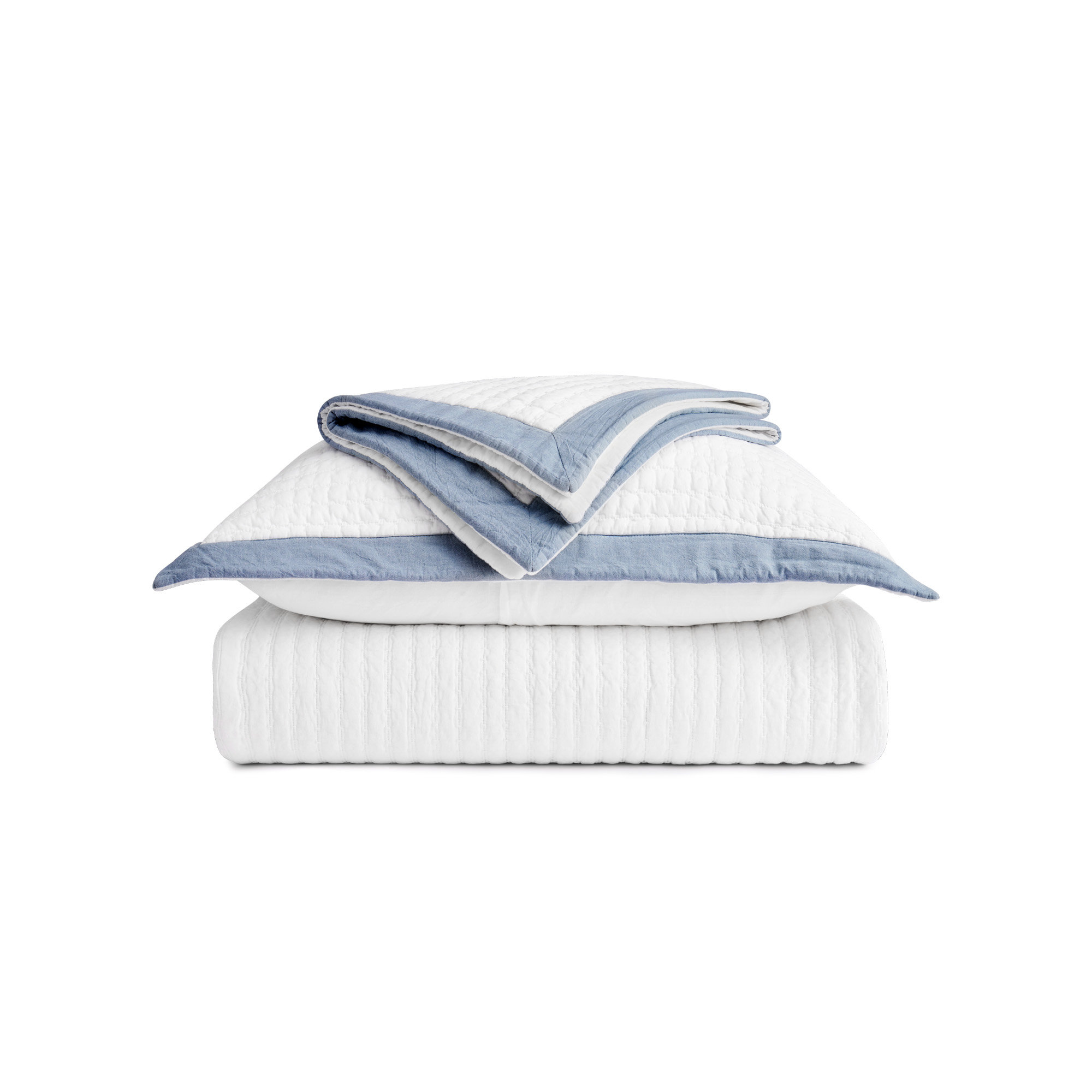 Border Frame Cotton Pick-Stitch Channel Quilt, Queen Quilt + 2 Queen Shams, Blue Linen