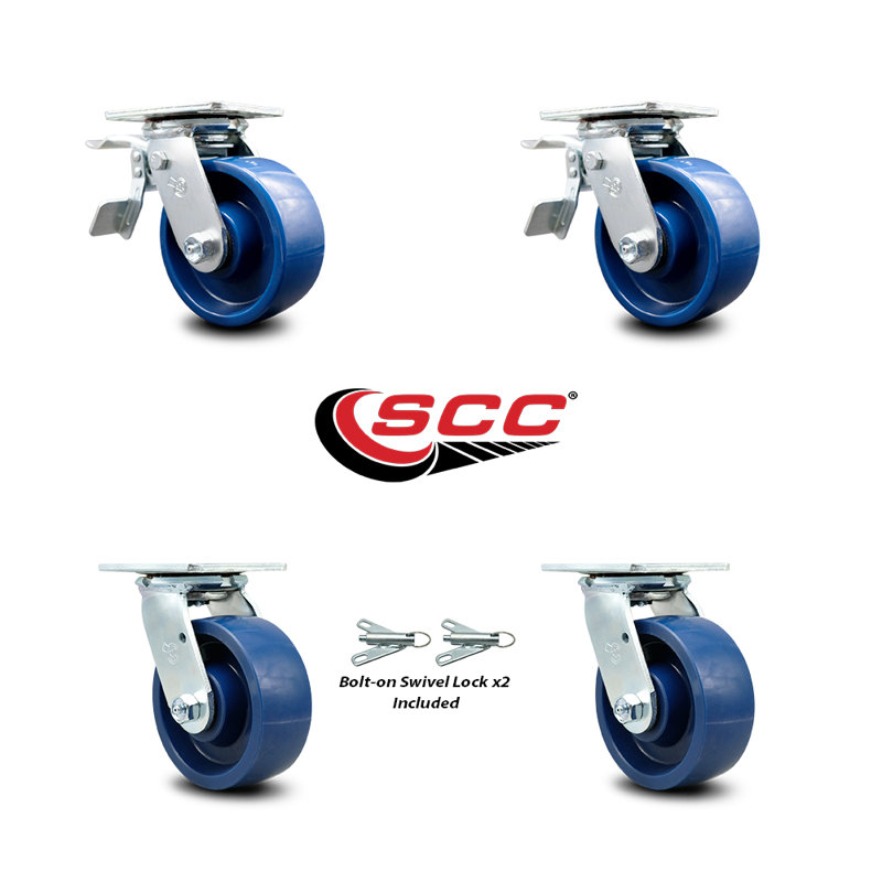 5 Inch Solid Polyurethane Caster Set with Roller Bearings 2 Brake 2 Swivel Lock