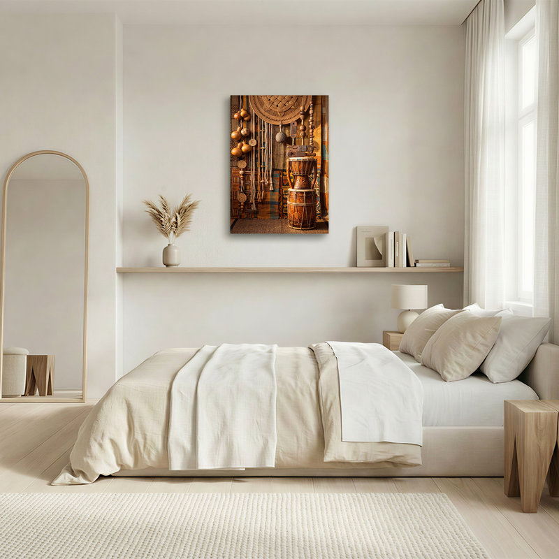 «Rustic Drums and Hanging Gourds on Patchwork», art mural sur toile, H 18 po x l 12 po