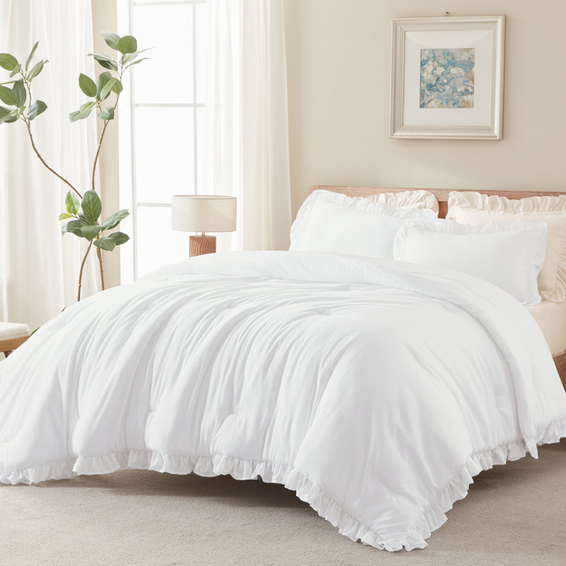 Andency Oversized King Comforter Set 120x98, 3 Pieces Ruffle Shabby Chic Famhouse Bedding Set, All Season Lightweight Fluffy Bed Set for Girls Women, White