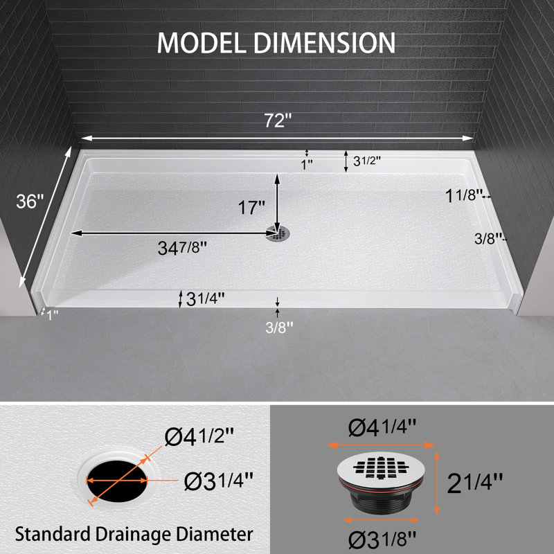 72"Wx36"D ADA Handicapped Acrylic Barrier Free Shower Base Rectangular Glossy White With Center Drain