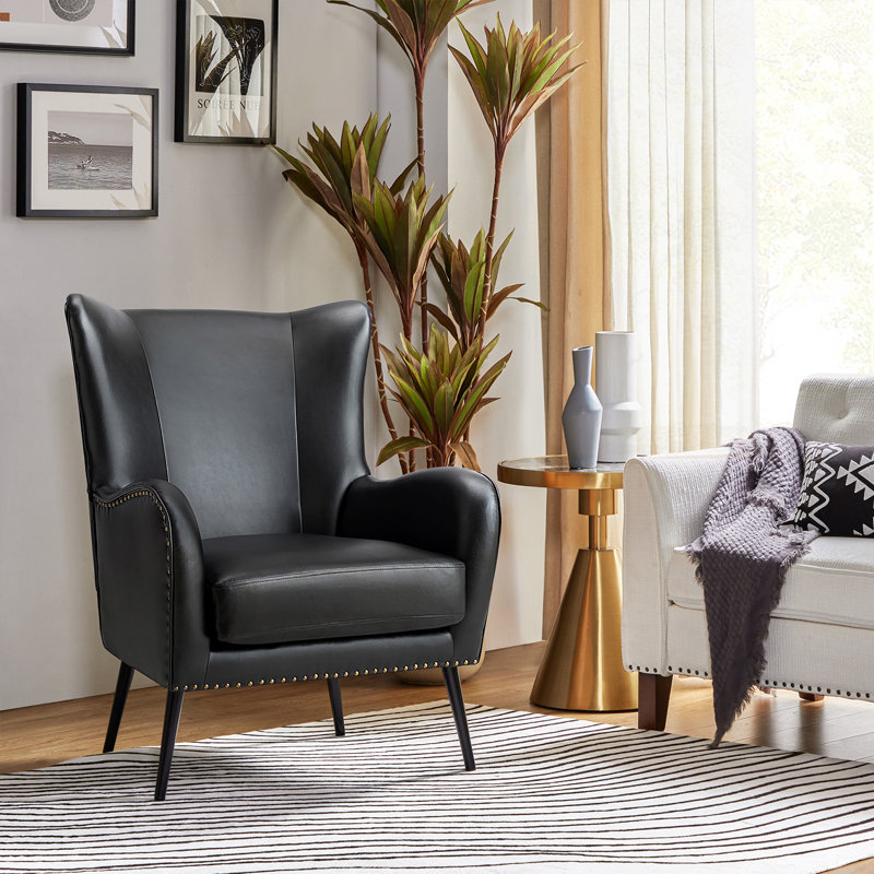 Cahyadi 76cm W Modern Faux Leather Chair with Wingback, Cahyadi Black Faux Leather