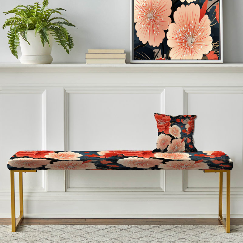 Upholstered Gold Bench, Red Geisha Japanese Floral