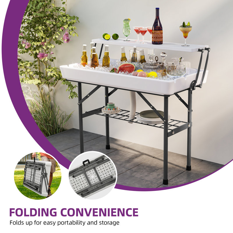 41"W Portable Two-Tier Ice Table Folding Ice Cooler Table with Drain and Detachable Skirt