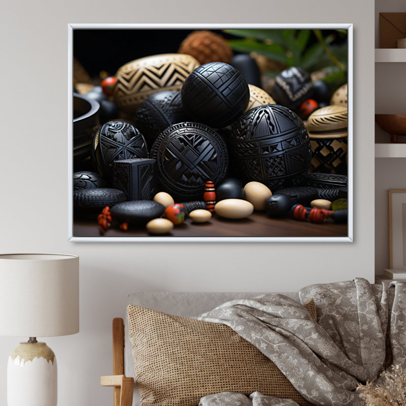 Bijoux africain - reproduction sur toile, Cadre flottant blanc, H 24 po x l 32 po x P 1 po