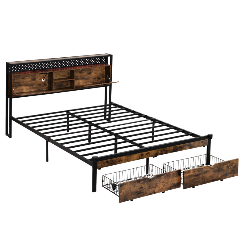 Lit plateforme très grand en métal avec tête de lit en bois et charge, 2 tiroirs, lumières à DEL, sans sommier, facile à monter, structure de 600 lb avec tête de lit et rangement de tiroir, ressort requis