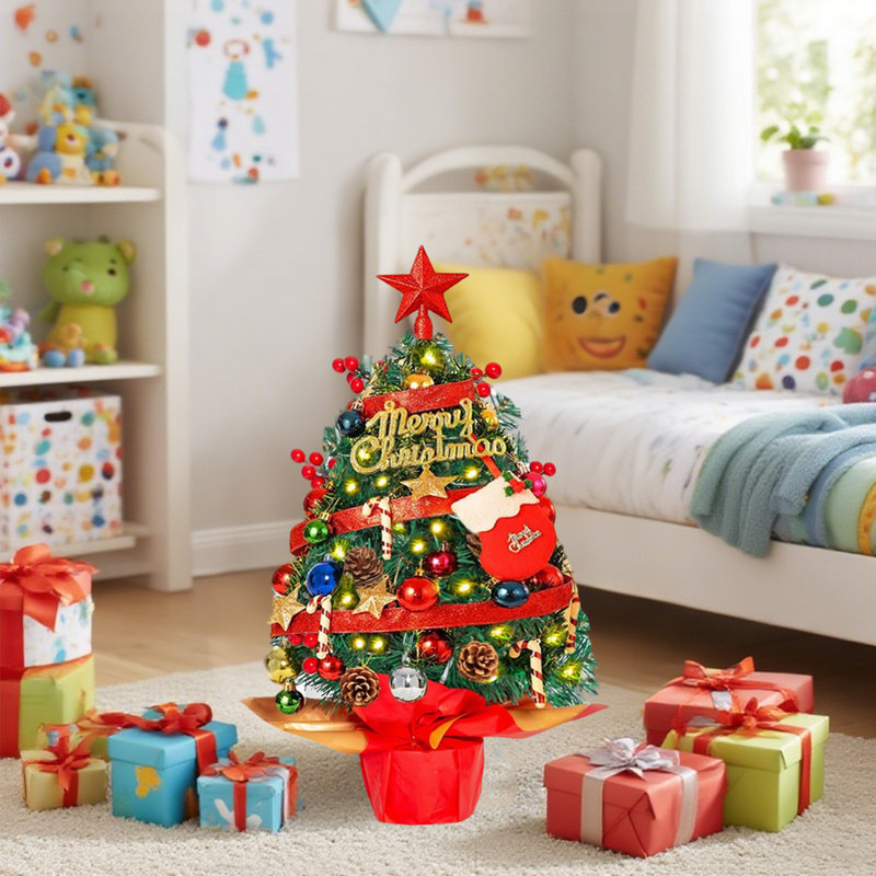Arbre de Noël de table de 55 cm pour décoration de Noël, mini arbre de Noël artificiel avec décorations pour bureau, bureau, chambre à coucher ou fête