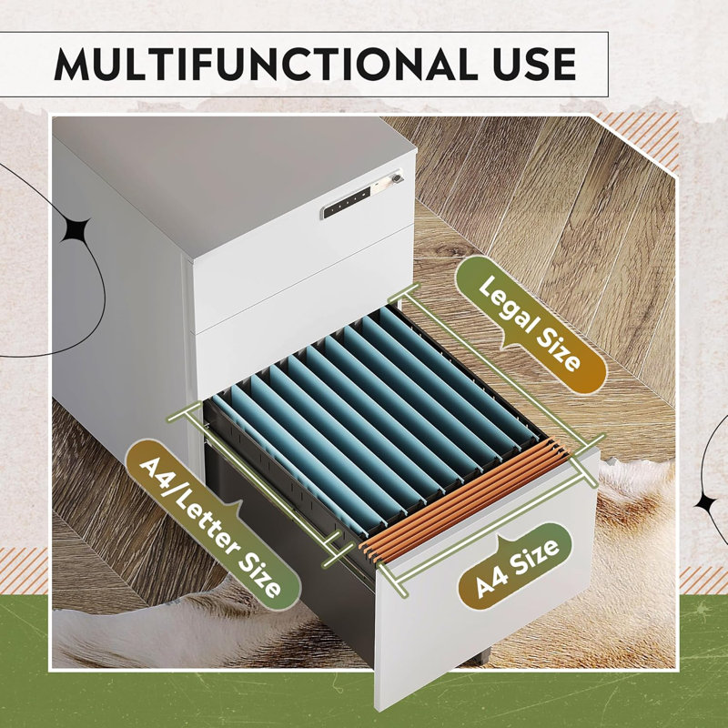 3 Drawer Mobile File Cabinet With Combination Lock, Fully Assembled Metal Filling Cabinet Except Wheels, White
