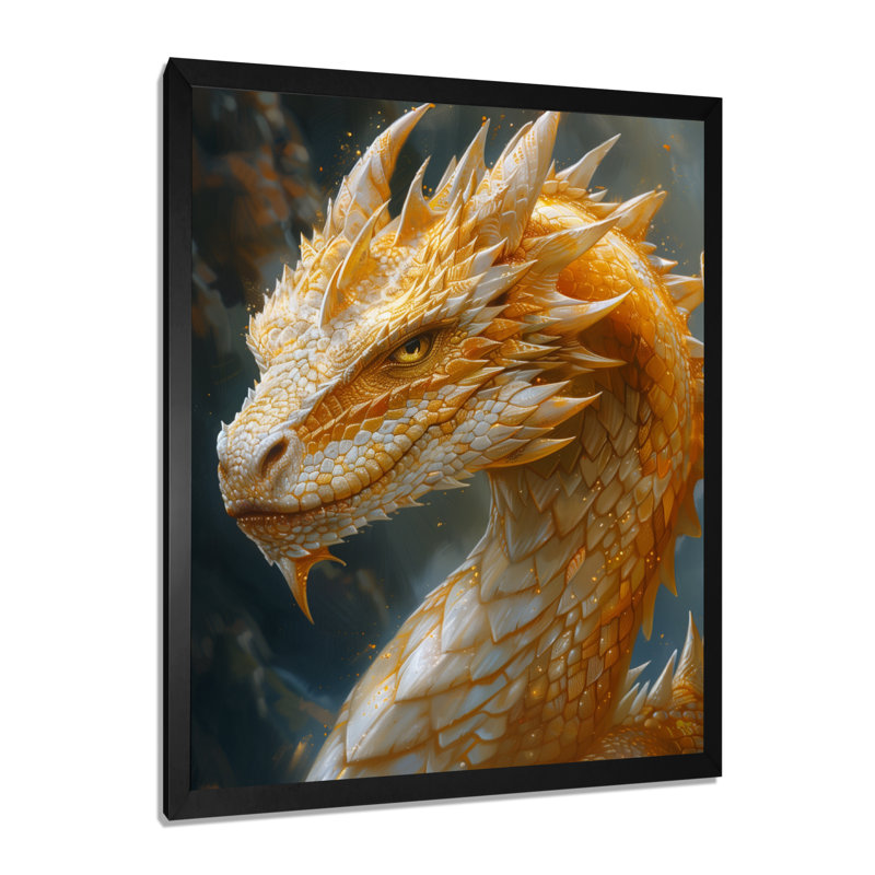 Reproduction d'art jaune et blanc avec griffes dorées et dragon, H 20 po x l 12 po x P 1 po, Toile encadrée noire simple