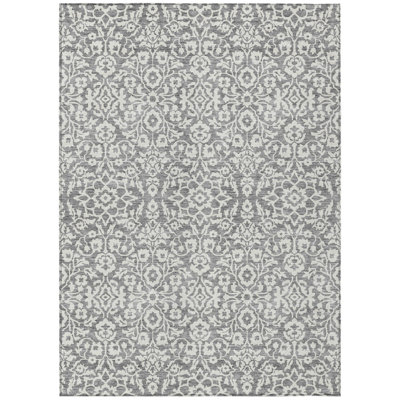 10' X 14' Gray And Ivory Damask Washable Indoor Outdoor Area Rug
